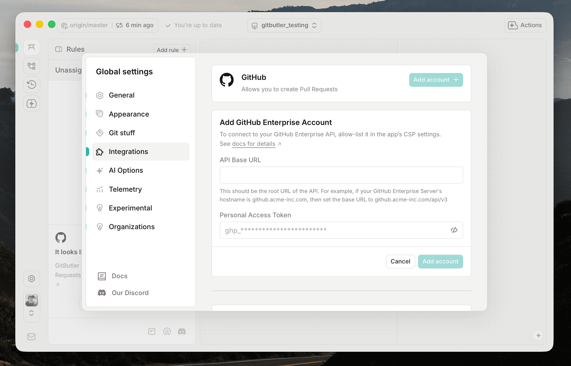 Add a GitHub Enterprise account via Personal Access Token