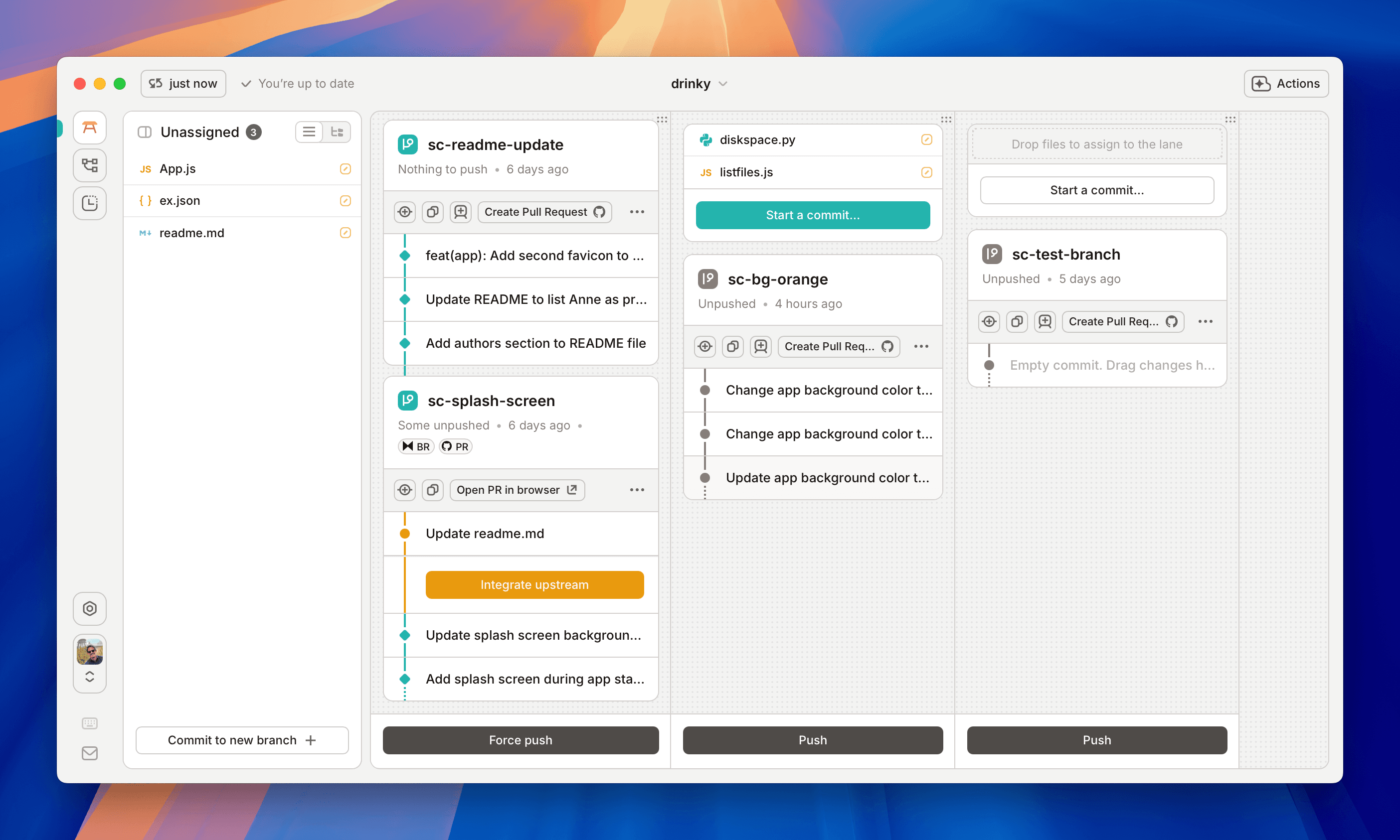 The main workspace, showing multiple dependent and independent branches